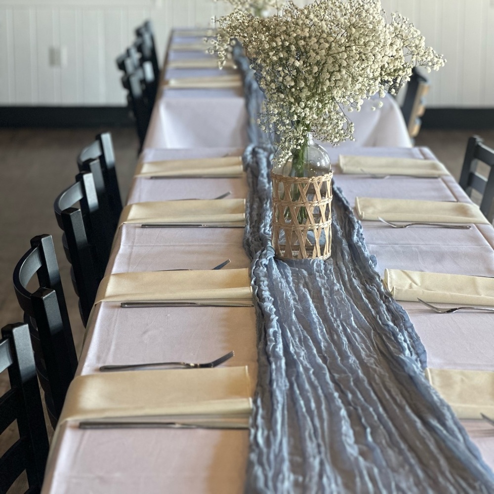 12 10’ cheesecloth table runner in dusty blue
